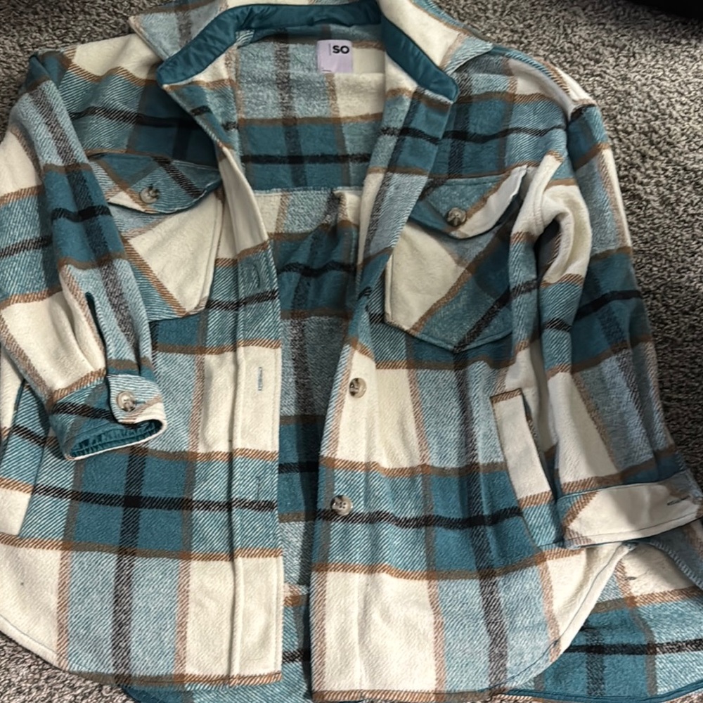 Plaid Button-Up Jacket in Teal and Cream